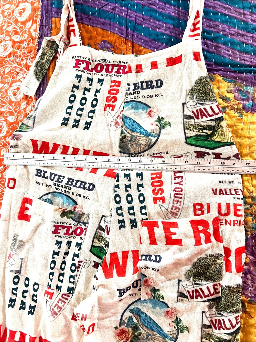 Cotton Vintage-Inspired Flour Sack Print Overalls with Blue Bird One Size - Picture 5 of 10